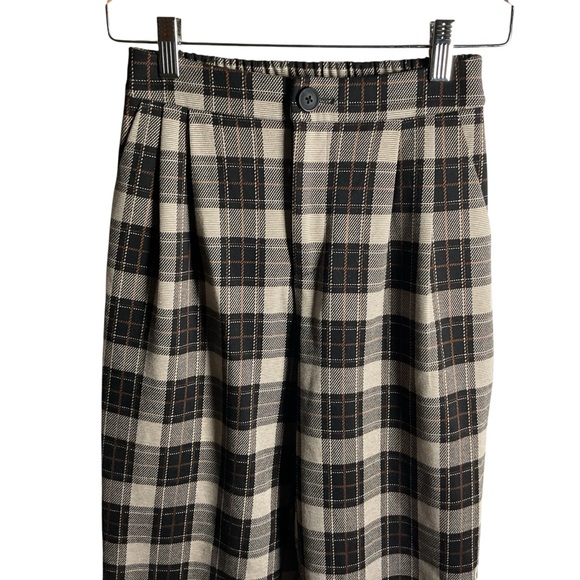 Pittypiggy Pants - Womens Plaid Pants Trousers Black Cream Pockets Comfy Elastic High Waist